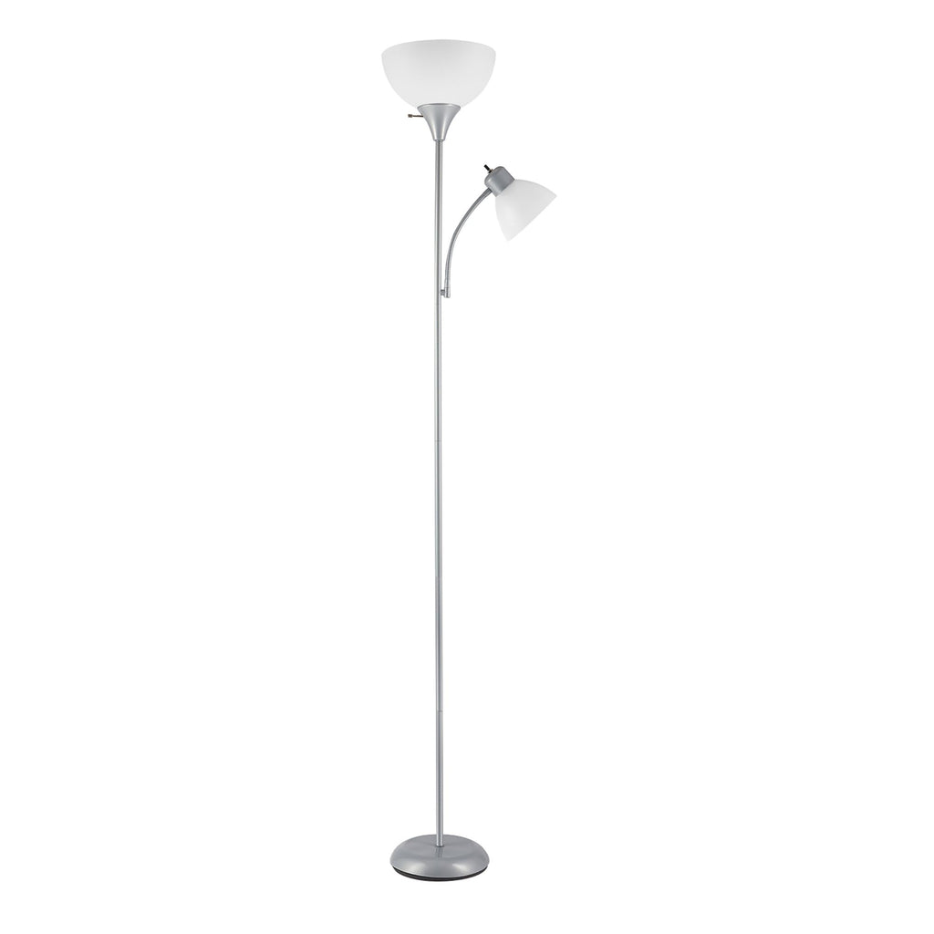 72" Torchiere Floor Lamp and Adjustable Reading Light, Silver, Frosted Shade, Dual Rotary Switch, 3-Step Dimming, Modern Lighting for Living Room or Office, Timeless