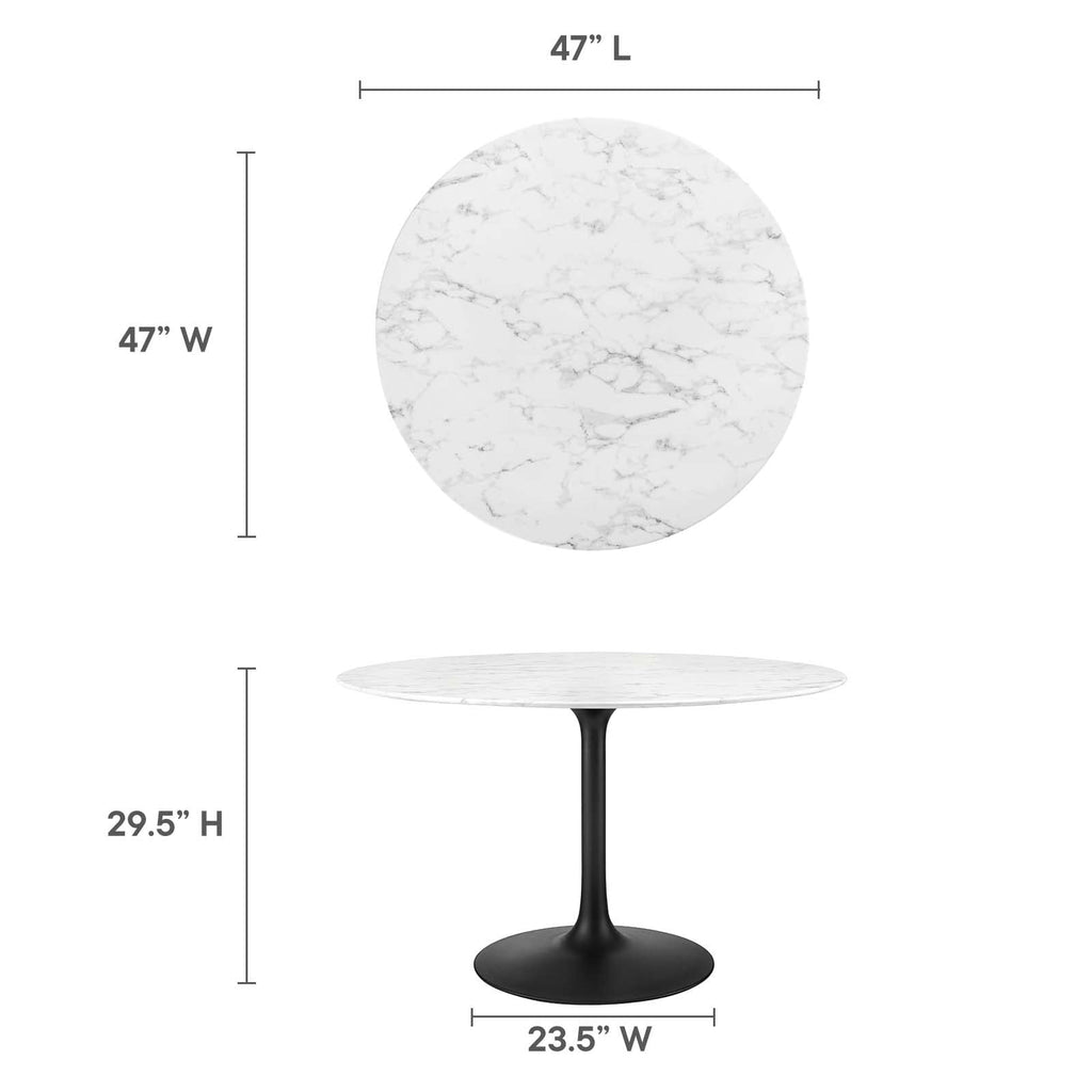 47" Round Artificial Marble Dining Table, Top, Black Base