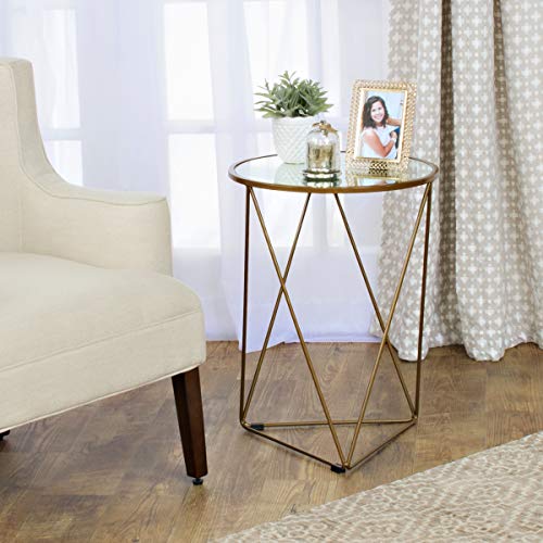 Metal Accent Table Triangle Base Round Mirror Top, Gold