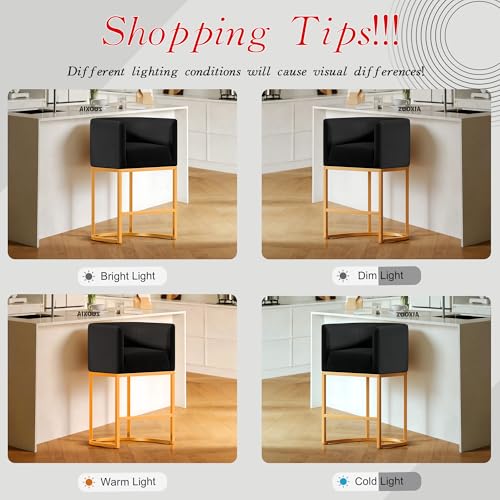 Modern Counter Height Bar Stools,Bar Stools Set of 4,Velvet Fabric Upholstered Barrel Barstools with Backs,26'' Kitchen Island Chairs,Metal Gold Frames,Ink Black Velvet