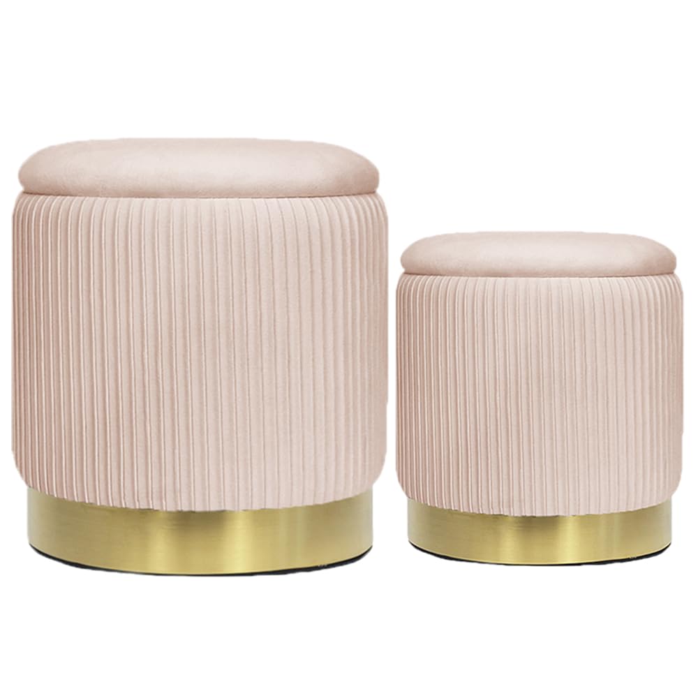 Pink Velvet Round Ottoman Set of 2 with Storage for Living Room Small Foot Stool Ottoman for Living Room Small Coffee Table,Vanity Stool with Storage for Bedroom Dorm