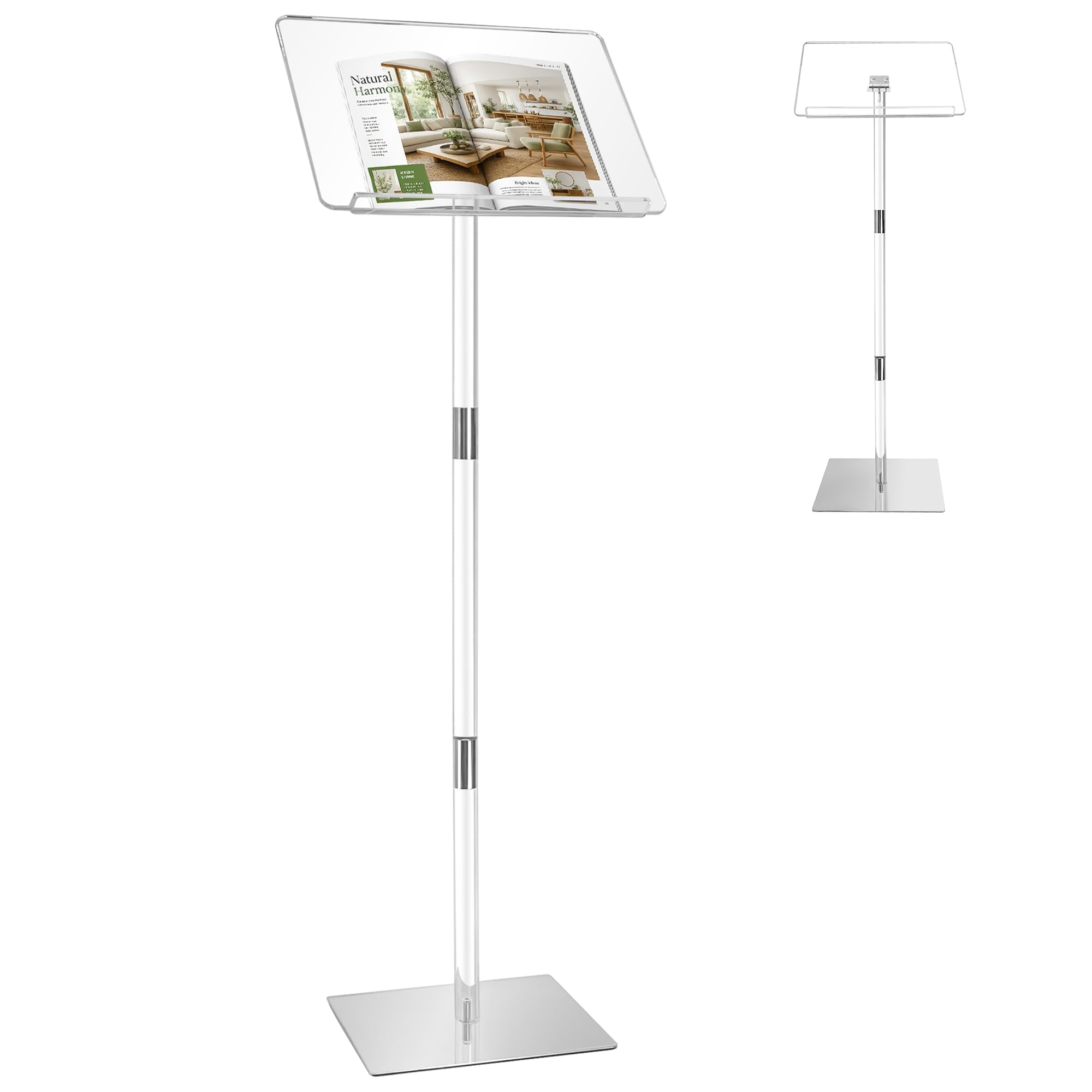 Podium Stand, Lecterns & Podiums, Acrylic Adjustable Angles with Metal Base, Podium for Church, Weddings, Classroom, Speech, 16" L x 12" W x 48" H (Clear)