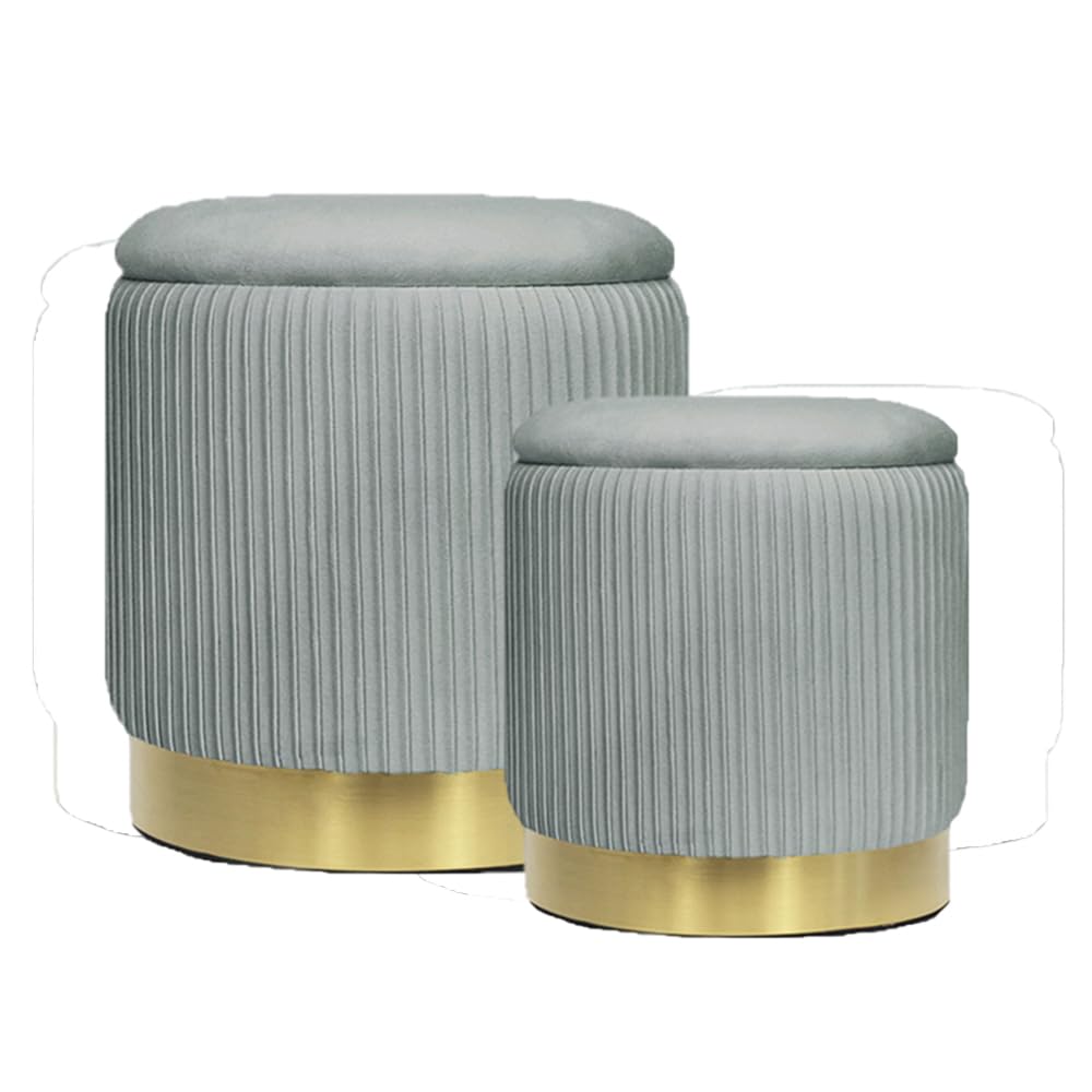 Round Ottoman Storage Set of 2 Velvet Ottoman for Living Room Small Foot Stool Small Coffee Table Vanity Stool with Storage for Bedroom Bedroom (Light Gray)