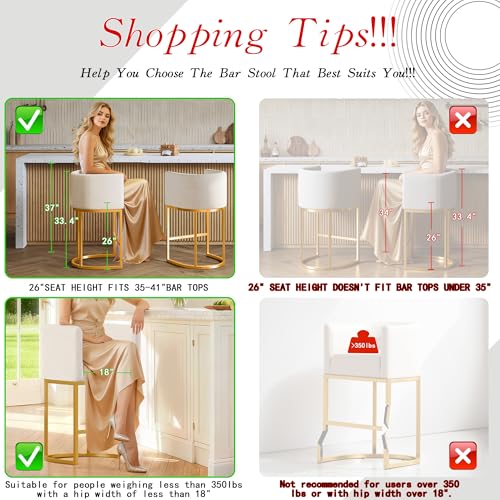 Modern Counter Height Bar Stools,Bar Stools Set of 3,Fabric Upholstered Barrel Barstools with Backs,26'' Kitchen Island Chairs,Metal Gold Frames,Off White Linen