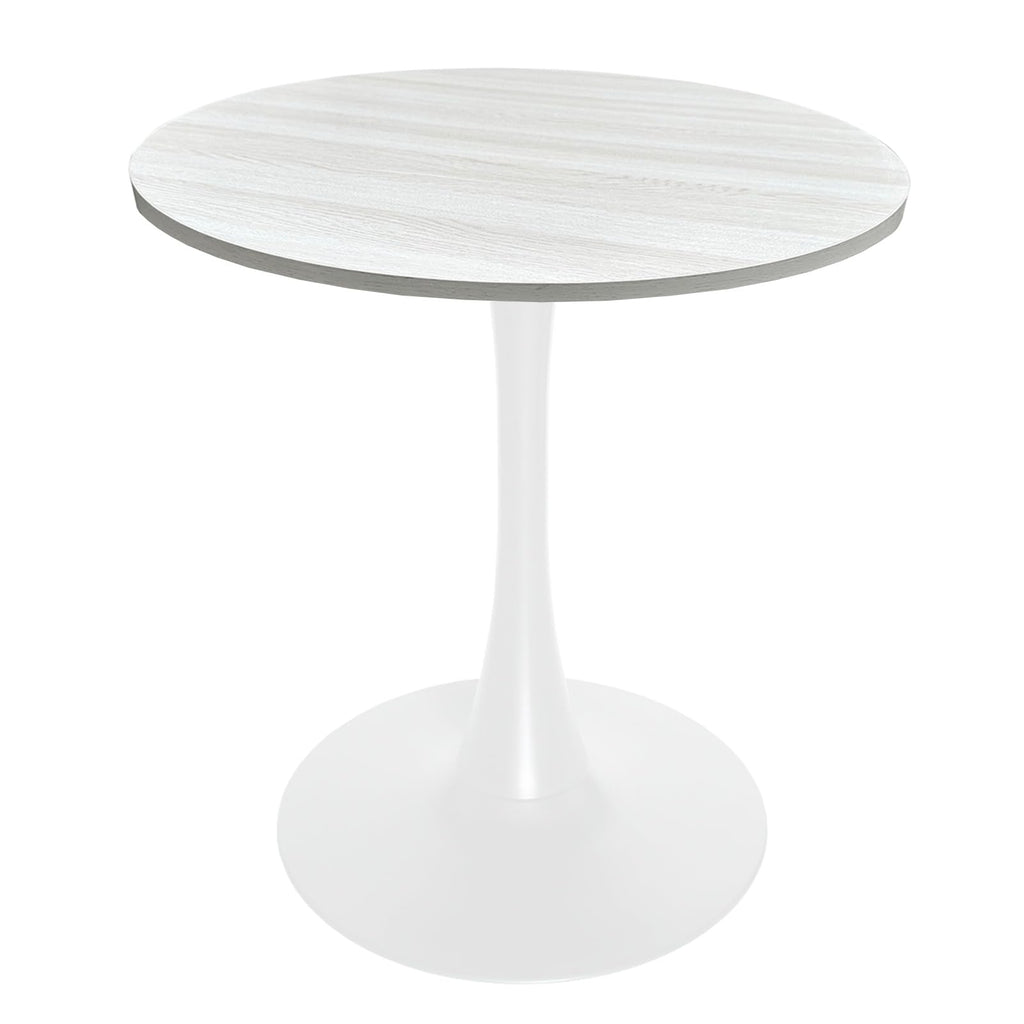 27" Wide Round Dining Table, Modern MDF Wood Top & White Metal Pedestal Base Gloss Finish Accent Table Mid-Century Café Table, Kitchen Dining Room Furniture, Light Natural