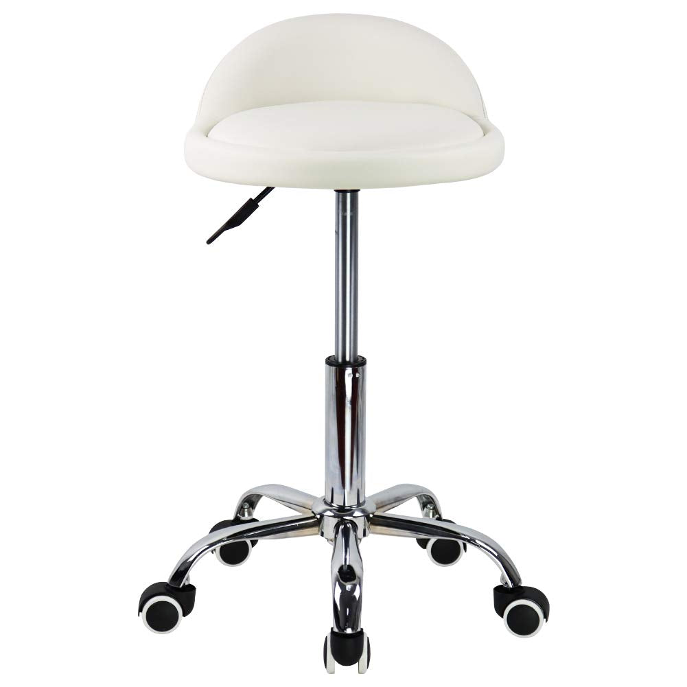 PU Leather Round Rolling Stool with Back Rest Height Adjustable Swivel Drafting Work SPA Task Chair with Wheels (White)