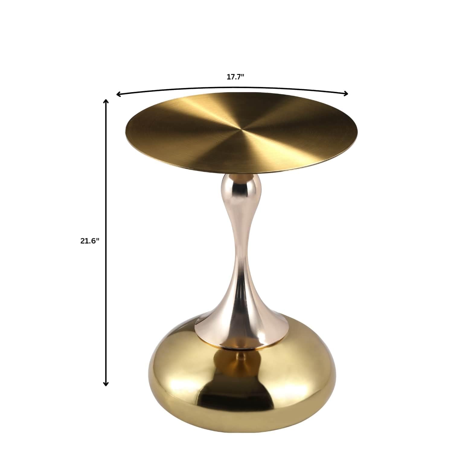 Modern Round Side Table with Gold Stainless Steel Top, Gold Pedestal Stem & Glossy Base, Accent End Table for Living Room, Bedroom, or Small Spaces, 17.7" × 21.6", Shiny Gold