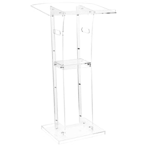 Podium Stand, 43-Inch Acrylic Lectern, Portable Laptop Desk with Wide Reading Surface and Storage Shelf, Book Stopper, Floor-Standing, for Classroom, Wedding, Conference, Lecture and Concert