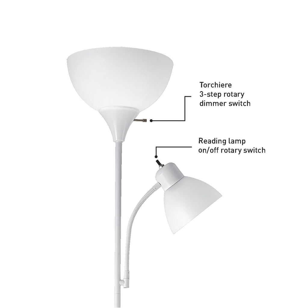 72" Torchiere Floor Lamp with Adjustable Reading Light, Matte White Finish, Frosted Shades, Rotary Switch on Socket, E26 Base