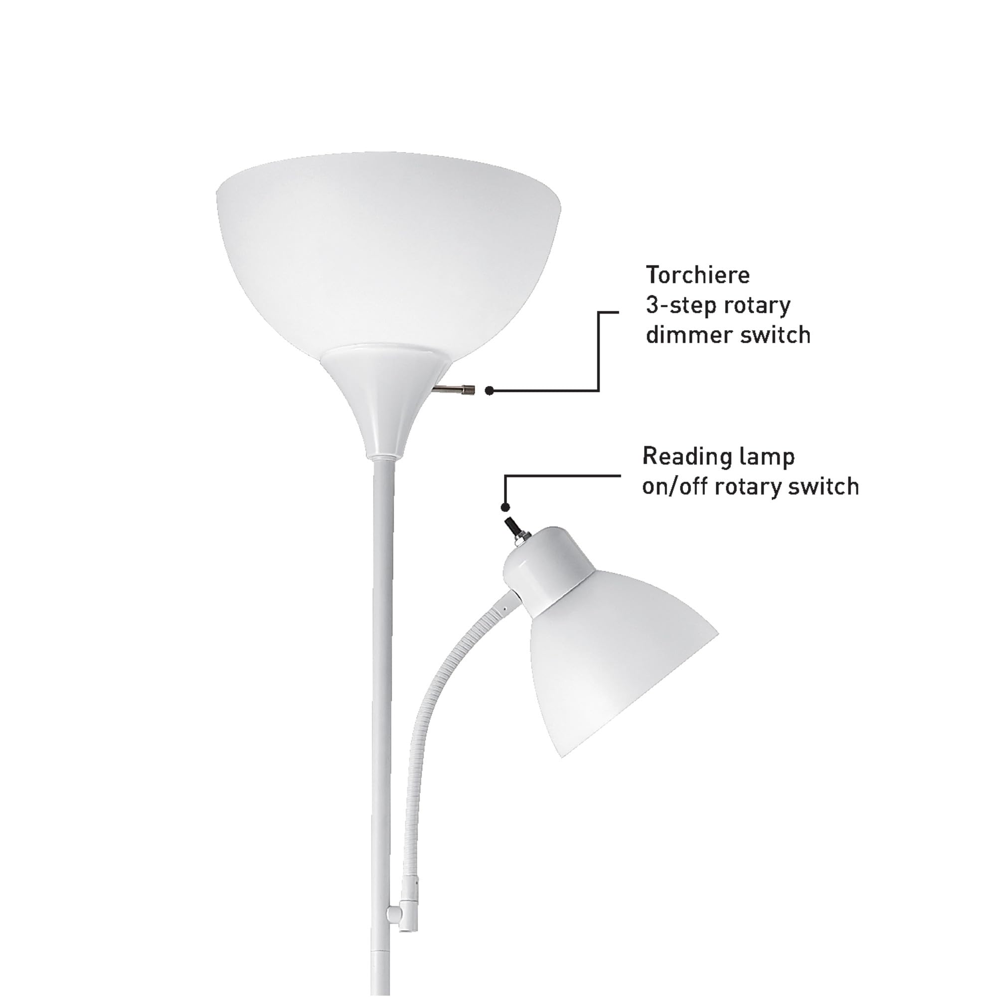 72" Torchiere Floor Lamp with Adjustable Reading Light, Matte White Finish, Frosted Shades, Rotary Switch on Socket, E26 Base