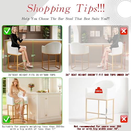26" Modern Counter Height Bar Stools,Barstools with Arms,Kitchen Island Chairs,Fabric Upholstered Barrel Bar Stools with Backs,Metal Gold Frames,Off White Linen