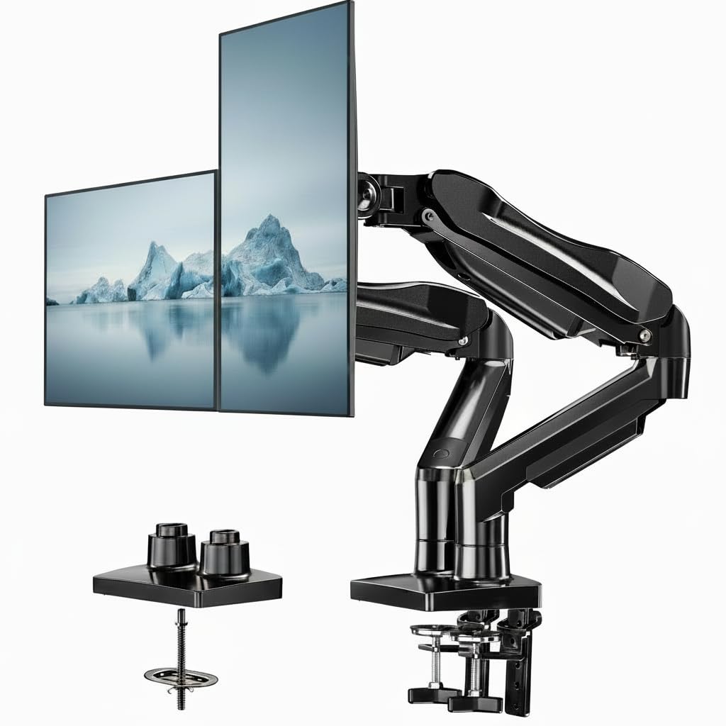 FlowLift™ Dual Monitor Stand, Fully Adjustable Gaming Monitor Desk Mount for 13–30″ Computer Screens, Full Motion VESA 75x75/100x100 with C-Clamp & Grommet Base, Each Arm Holds 4.4 to 19.8 lbs