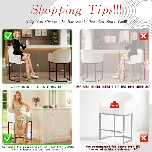 Counter Height Bar Stools Set of 3,Modern Counter Height Bar Stools,PU Leather Upholstered Barrel Barstools with Backs,26'' Kitchen Island Chairs,Metal Black Frames,Beige White Leather