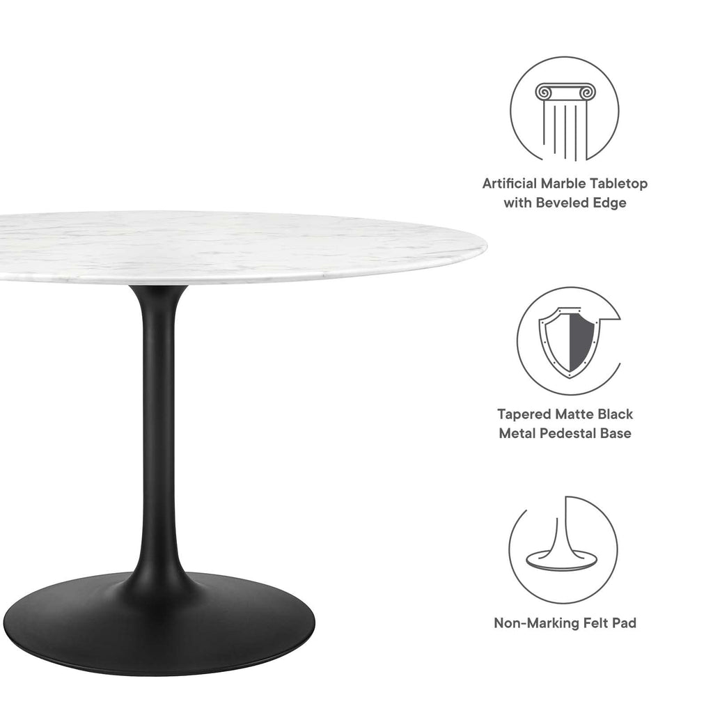 47" Round Artificial Marble Dining Table, Top, Black Base