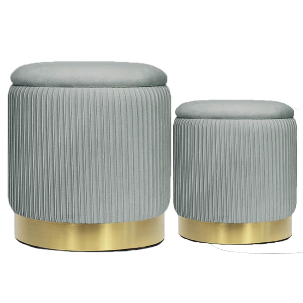 Round Ottoman Storage Set of 2 Velvet Ottoman for Living Room Small Foot Stool Small Coffee Table Vanity Stool with Storage for Bedroom Bedroom (Light Gray)