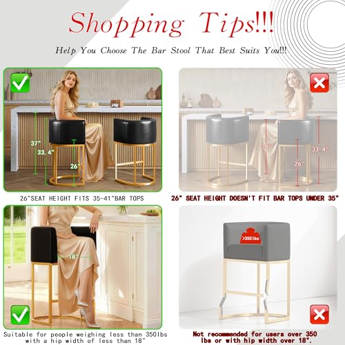 26" Modern Counter Height Bar Stools,PU Leather Upholstered Barrel Barstools with Backs,Island Chairs Bar Stools Set of 1,Metal Gold Frames,Black Leather