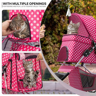 3 Wheels Pet Dog Cat Stroller for Small Medium Dogs Cats, Foldable Jogger Stroller w/Storage Basket and Cup Holder, Hot Pink Polka Dots