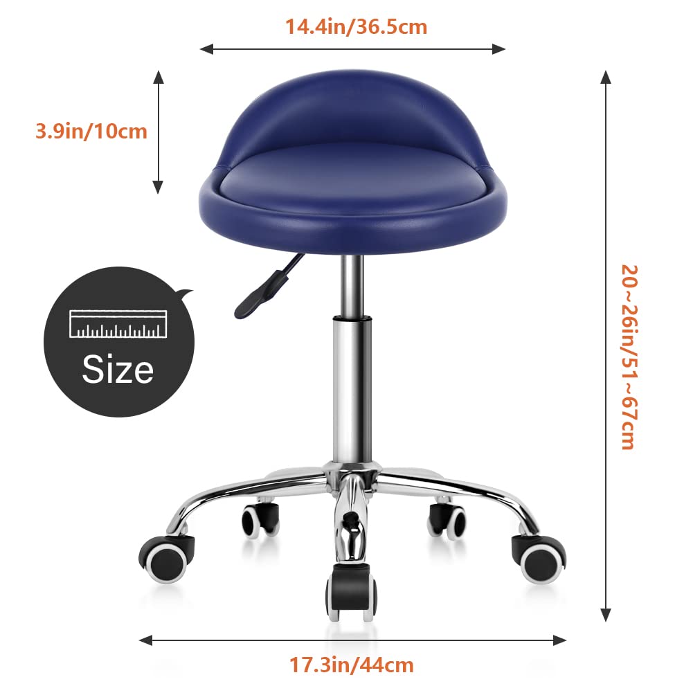 PU Leather Round Rolling Stool with Back Rest Height Adjustable Swivel Drafting Work SPA Task Chair with Wheels (Blue)