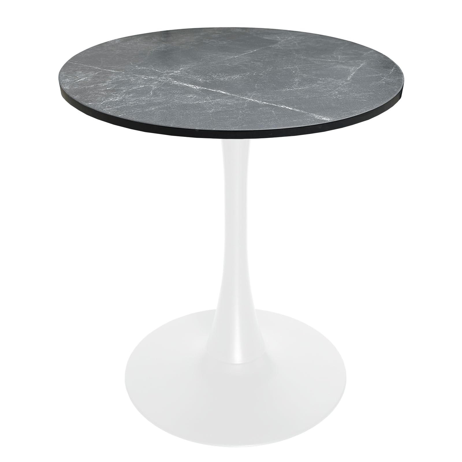 27" Wide Round Dining Table, Modern MDF Wood Top & White Metal Pedestal Base Gloss Finish Accent Table Mid-Century Café Table, Kitchen Dining Room Furniture, Black