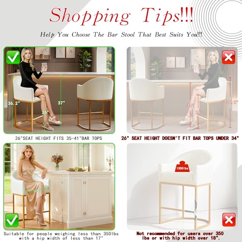 Counter Height Bar Stools Set of 4,Modern Counter Height Bar Stools,PU Leather Upholstered Barrel Barstools with Backs,26'' Kitchen Island Chairs,Metal Gold Frames,Beige White Leather