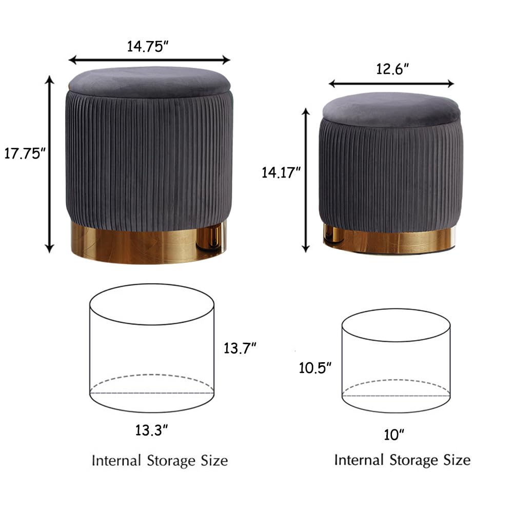 Round Ottoman with Storage Set of 2 Vanity Stool Foot Rest with Removable Lid for Bedroom Gray Velvet Storage Ottoman Coffee Table for Living Room and Dorm (Gray)