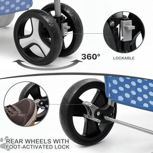 3 Wheels Pet Dog Cat Stroller for Small Medium Dogs Cats, Foldable Jogger Stroller w/Storage Basket and Cup Holder, Sky Blue Polka Dots