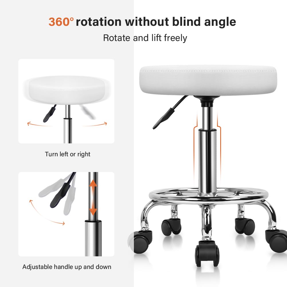 PU Leather Round Rolling Stool with Foot Rest Swivel Height Adjustable Stool Spa Drafting Salon Tattoo Work Office Massage Task Chair White Small (White)