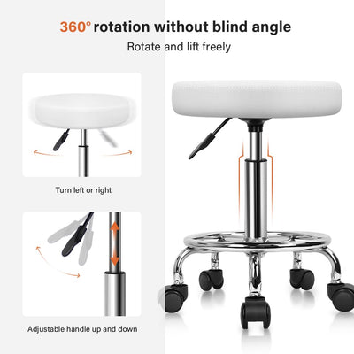 PU Leather Round Rolling Stool with Foot Rest Swivel Height Adjustable Stool Spa Drafting Salon Tattoo Work Office Massage Task Chair White Small (White)