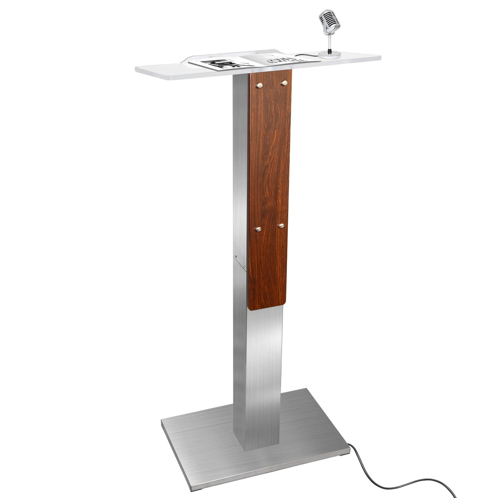Stainless Steel Podium Stand with Acrylic Reading Surface & Hidden Cable Entry, Professional Modern Podium Stand with Wood Decoration for Church, Podium Stand for Church, Conference, Speech, Wedding