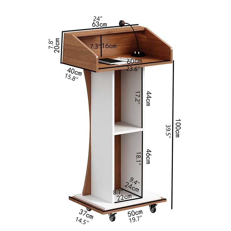 Mobile Wooden Podium Stand with Lockable Wheels Modern Presentation Blockboard Lectern Black Walnut Color with Storage Shelves for Office, Church, Classroom, Conference Room