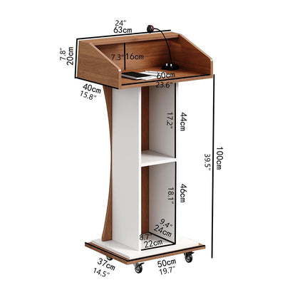 Mobile Wooden Podium Stand with Lockable Wheels Modern Presentation Blockboard Lectern Black Walnut Color with Storage Shelves for Office, Church, Classroom, Conference Room