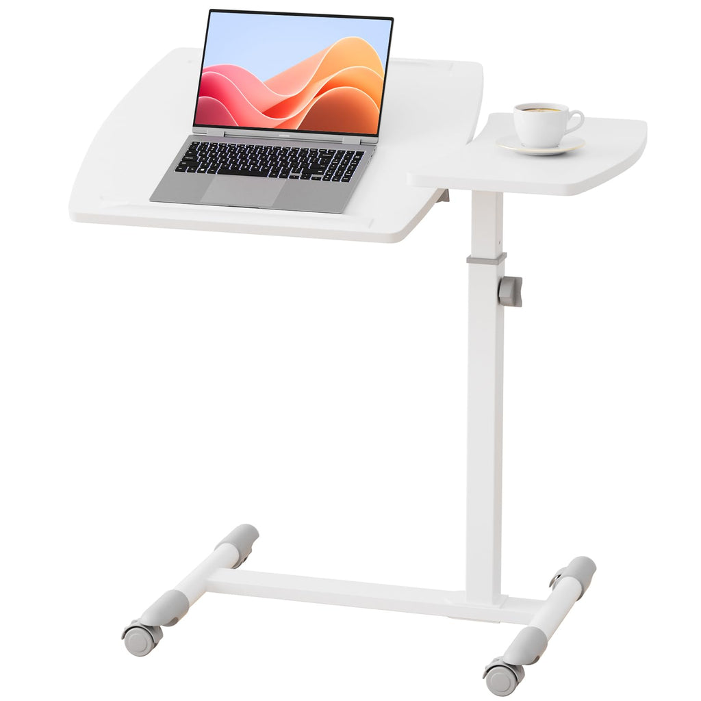 Small Standing Desk, 28 Inches Tiltable Mobile Rolling Laptop PC Table with Lockable Casters, Adjustable Height Overbed Bedside Table Computer Workstation for Home Office, White-Tiltable