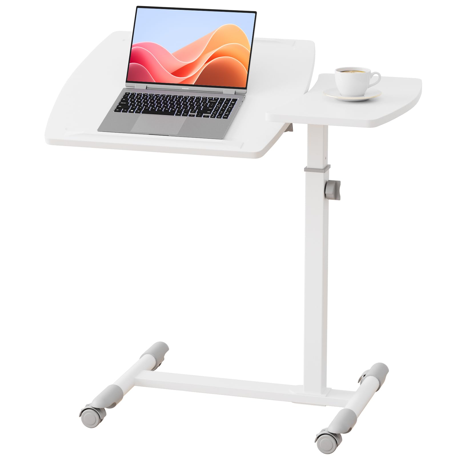 Small Standing Desk, 28 Inches Tiltable Mobile Rolling Laptop PC Table with Lockable Casters, Adjustable Height Overbed Bedside Table Computer Workstation for Home Office, White-Tiltable