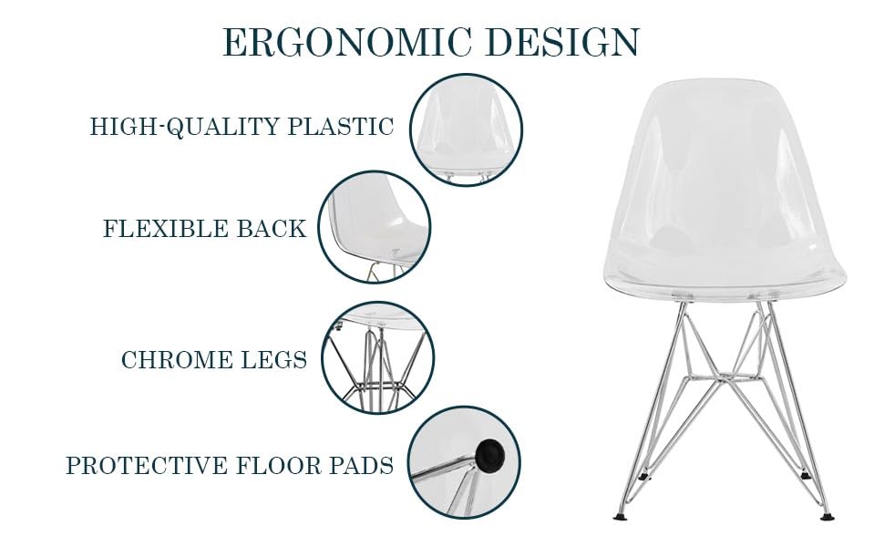 Dining, Modern Chrome Eiffel Base and Curved Back Design, Ergonomic and Lightweight Accent Side Chair for Mid-Century Home, Kitchen, and Café (Clear, Set of 2)