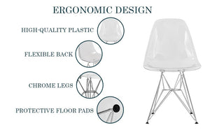 Dining, Modern Chrome Eiffel Base and Curved Back Design, Ergonomic and Lightweight Accent Side Chair for Mid-Century Home, Kitchen, and Café, Set of 4, Unspecified, Clear