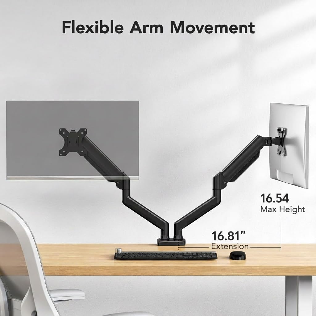 Dual Monitor Mount for 2 Monitors up to 30 inches, Each Arm Holds Max 22lbs, Dual Monitor Stand with Advanced System, Height-Adjustable/Tilt/Swivel/Rotate, VESA Standard 75mm or 100mm