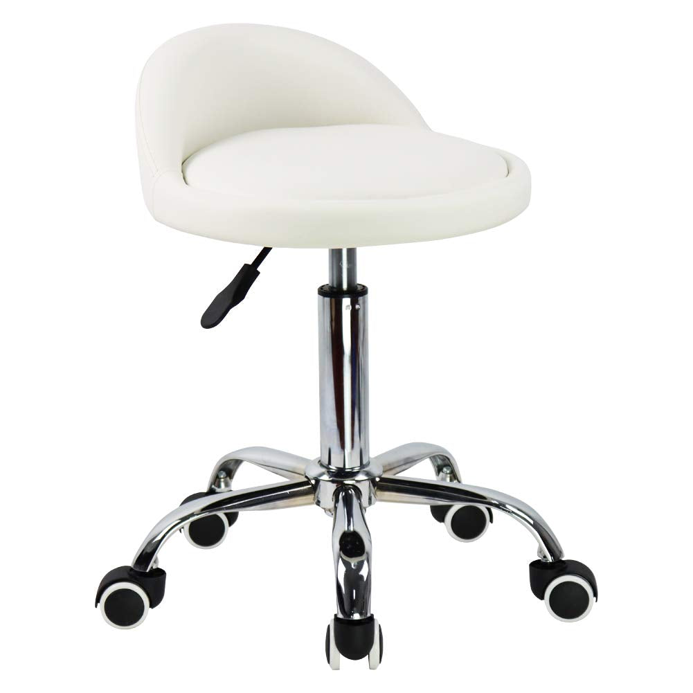 PU Leather Round Rolling Stool with Back Rest Height Adjustable Swivel Drafting Work SPA Task Chair with Wheels (White)