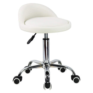 PU Leather Round Rolling Stool with Back Rest Height Adjustable Swivel Drafting Work SPA Task Chair with Wheels (White)