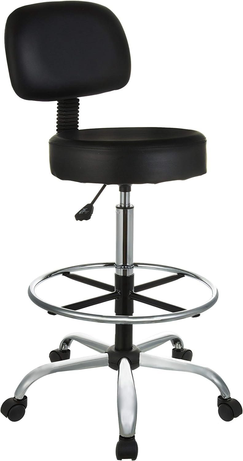 Multi-Purpose Adjustable Drafting Spa Bar Stool with Sturdy Foot Rest, Back Support Cushion, 360° Swivel and Wheels, Black