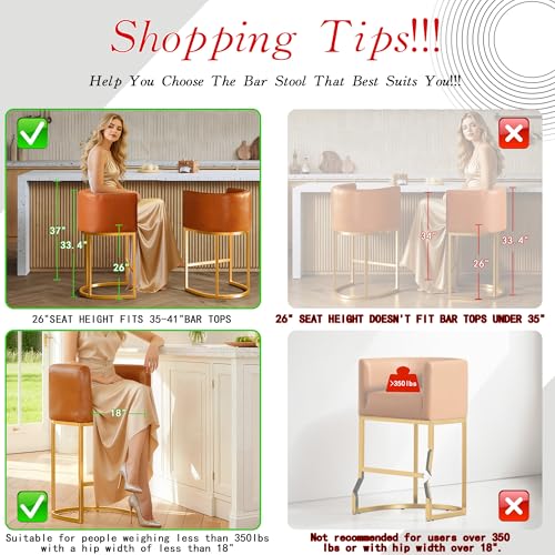 Modern Counter Height Bar Stools,Bar Stools Set of 2,PU Leather Upholstered Barrel Barstools with Backs,26'' Kitchen Island Chairs,Metal Gold Frames,Camel Brown Leather
