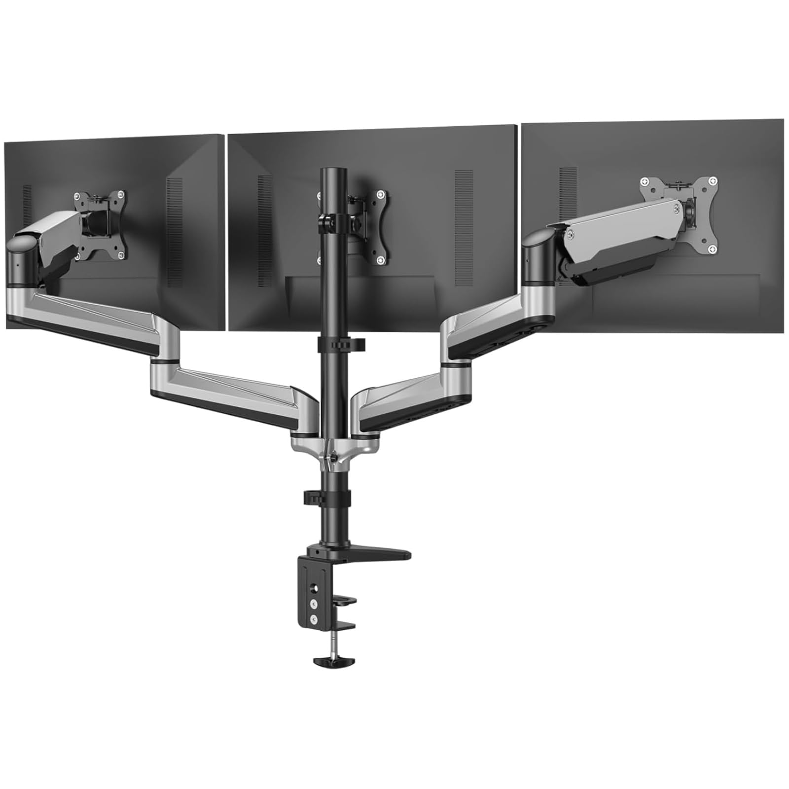 Gaming Triple Monitor Stand, Full Motion Articulating Triple Monitor Mount Fit 17 to 32 inch Flat/Curved LCD Computer Screens with Clamp, Grommet Kit, Silver