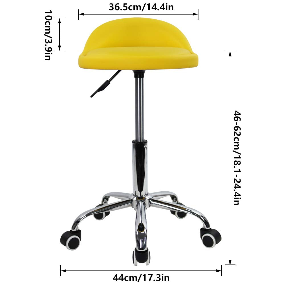 PU Leather Round Rolling Stool with Back Rest Height Adjustable Swivel Drafting Work SPA Task Chair with Wheels (Yellow)