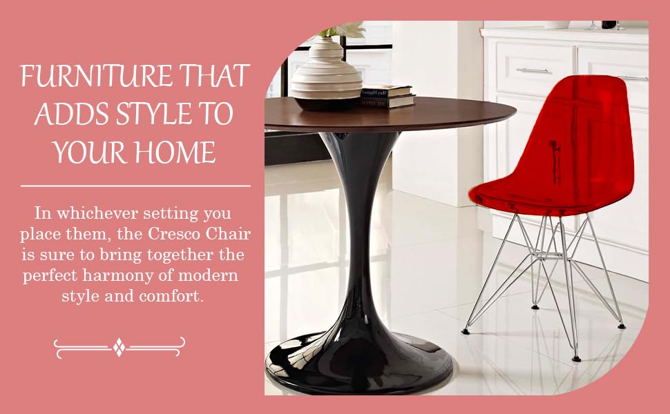 Dining, Modern Chrome Eiffel Base and Curved Back Design, Ergonomic and Lightweight Accent Side Chair for Mid-Century Home, Kitchen, and Café (Transparent Red, Singles)