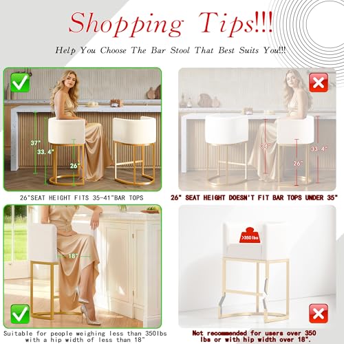 Modern Counter Height Bar Stools,Bar Stools Set of 4,Velvet Fabric Upholstered Barrel Barstools with Backs,26'' Kitchen Island Chairs,Metal Gold Frames,Beige White Velvet