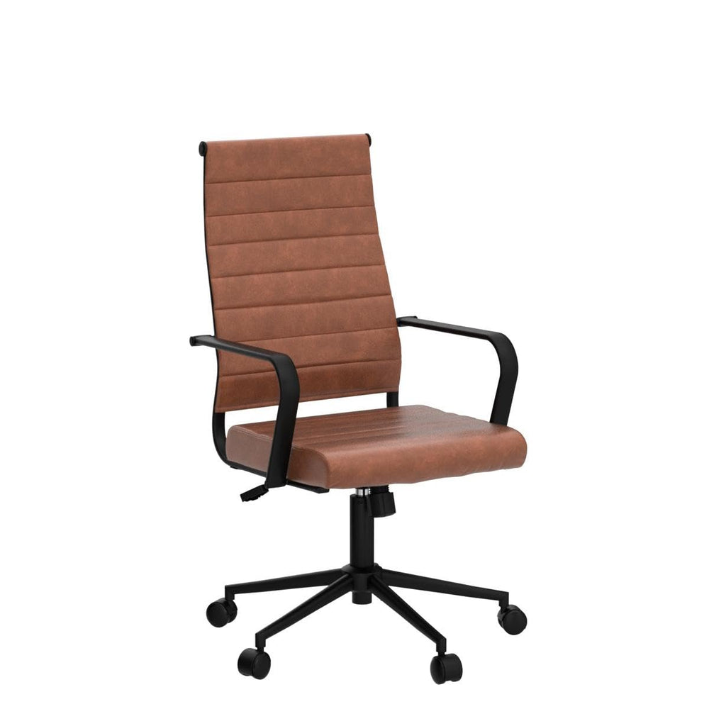 Leather Office Desk Chair, Mid-Century Modern Leather Conference Room Chairs, Ergonomic Executive Ribbed Height Adjustable Swivel Rolling Chair for Home Office.