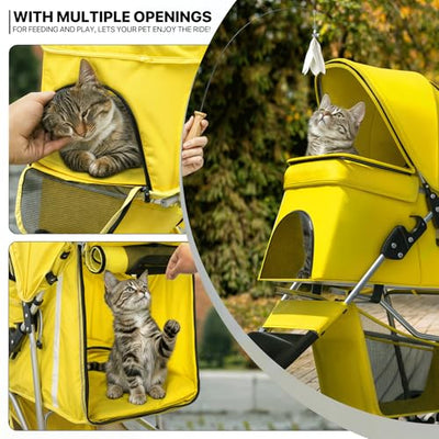 Foldable Pet Stroller with Waterproof Cover, 3-Wheels Dog Strolling Cart for Small/Medium Dogs and Cats with Storage Basket and Cup Holder, Breathable and Visible Mesh for All-Season, Yellow