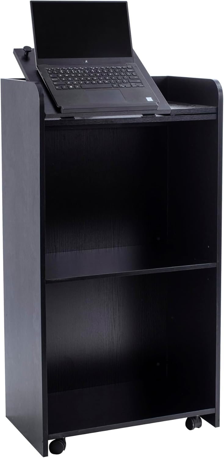 Lecterns & Podiums, Podium Stand with Wheels and Storage Layer, Portable Podium Reception Desk, Suitable for Church pulpits, Mobile lecterns for Meetings, and classrooms (White) (Black)