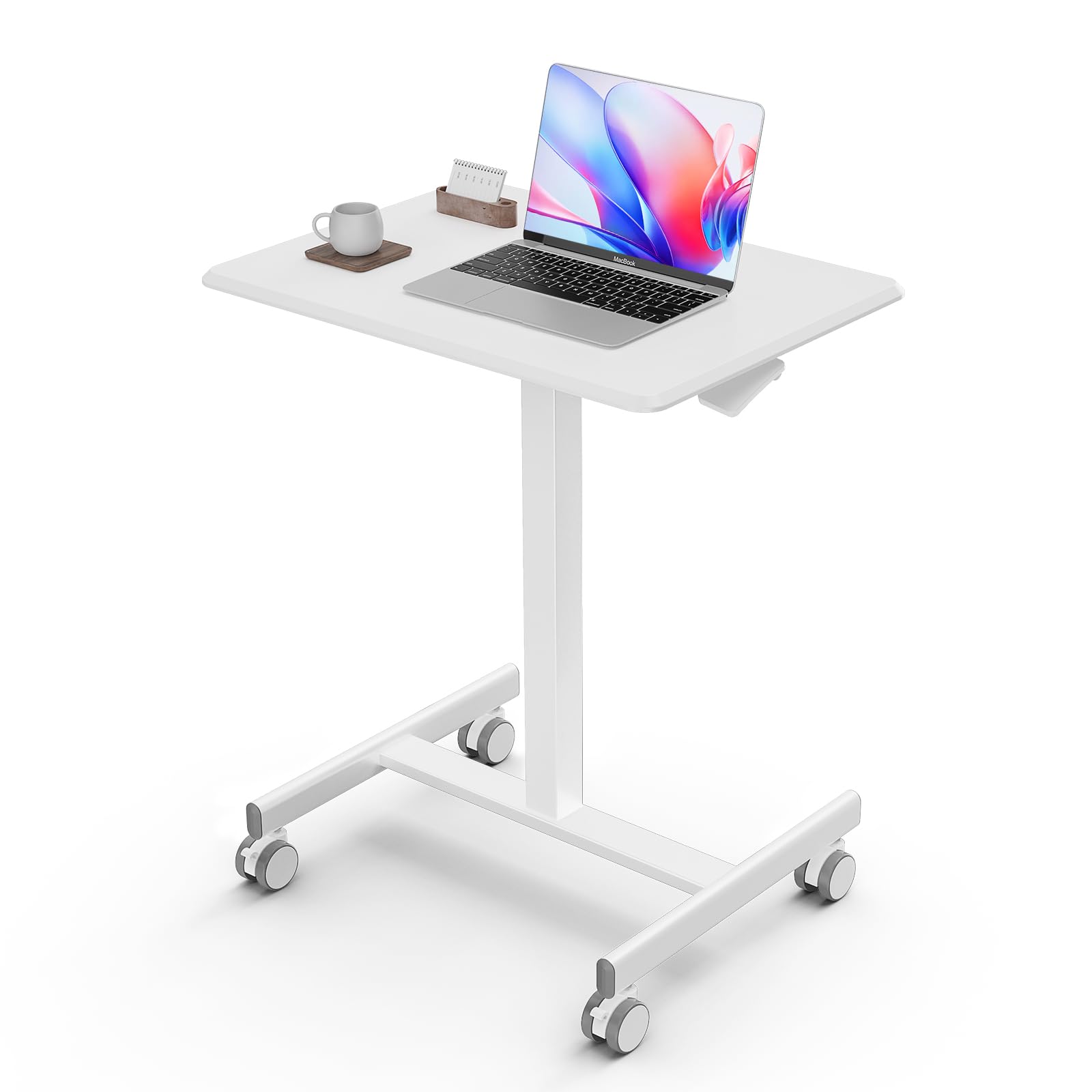 Small Rolling Desk Mobile Standing Portable Laptop PC Table with Wheels Adjustable Height Computer Workstation for Home Office, Space Saving Desk for Bedroom Study Use, White