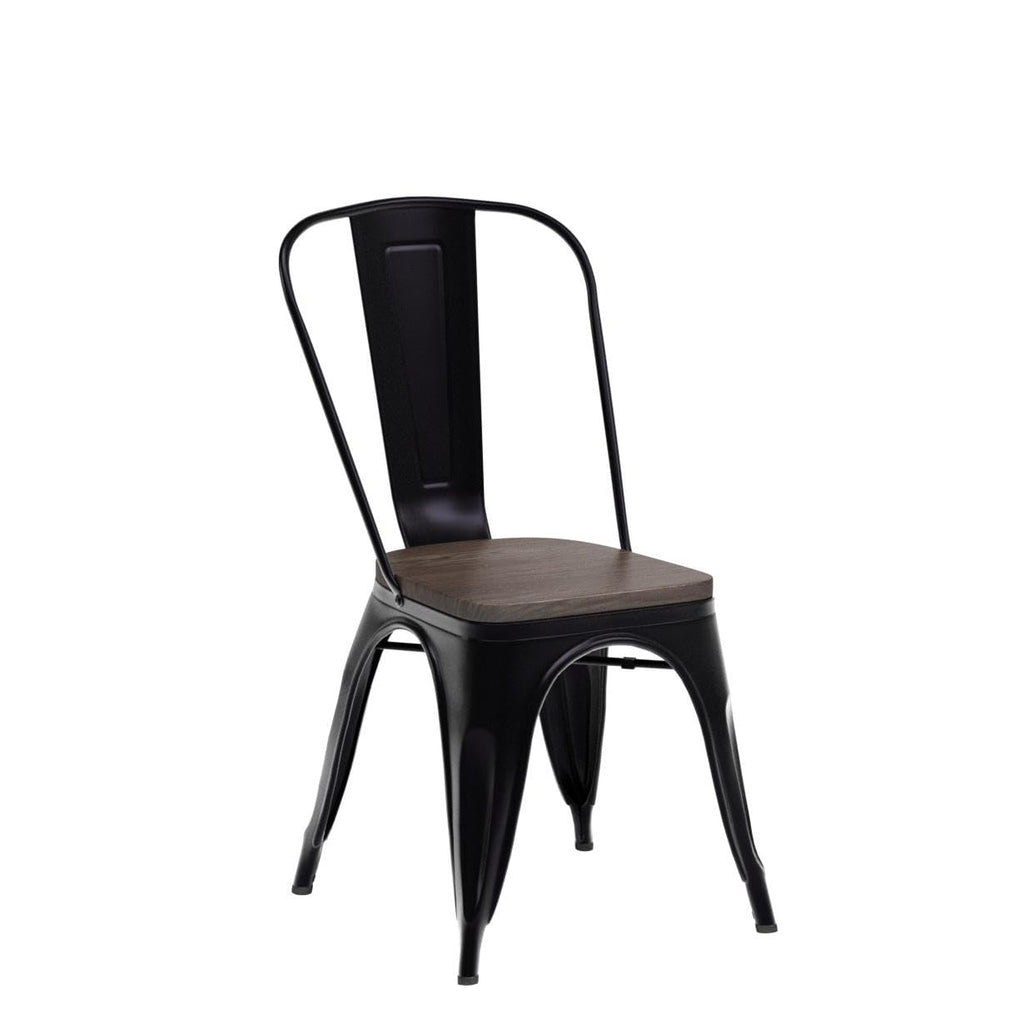 Set of 4 | Metal Dining Chairs with Wooden Seat | Black | Stackable Tolix Side Chairs with Backrest | Scratch-Resistant | Non-Slip Feet | Indoor/Outdoor Use | 330 lbs | for Dining & Kitchen