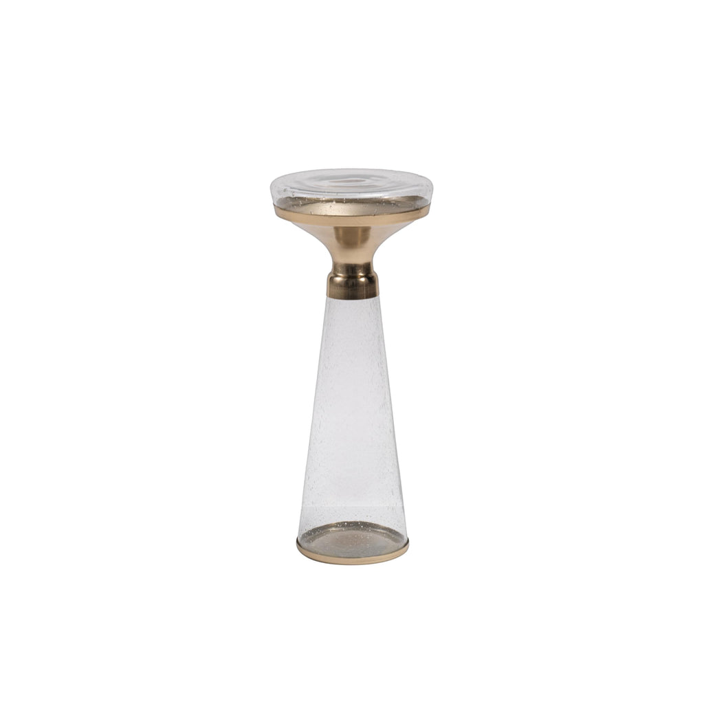 Modern Decorative Round Drink Table with Glass Base and Top with Gold Metal Accent, Martini, Gold Pedestal Table, Tall Side Table, Small Space end Table, for Living Room & Bedroom, Clear,Assembled